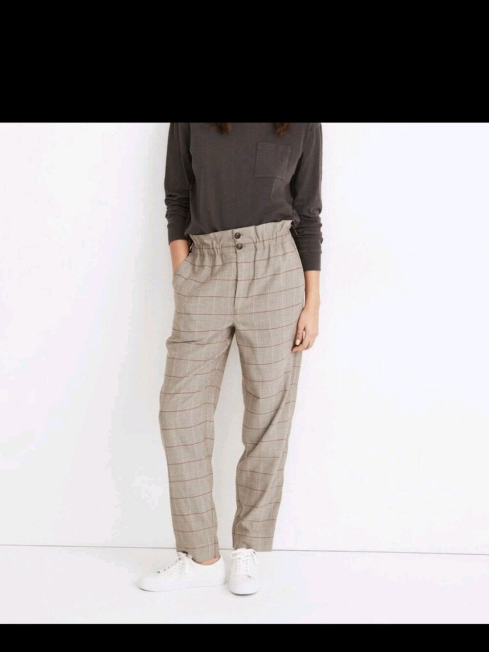 MADEWELL Paperbag Tapered Pants in Glen Plaid Tan Brown Size 4